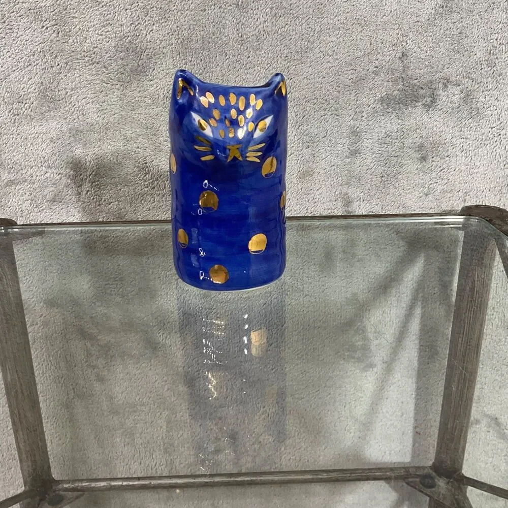 Bird Can Fox for Anthropologie Ceramic Cat-Shaped Vase Brush pen holder blue/gld